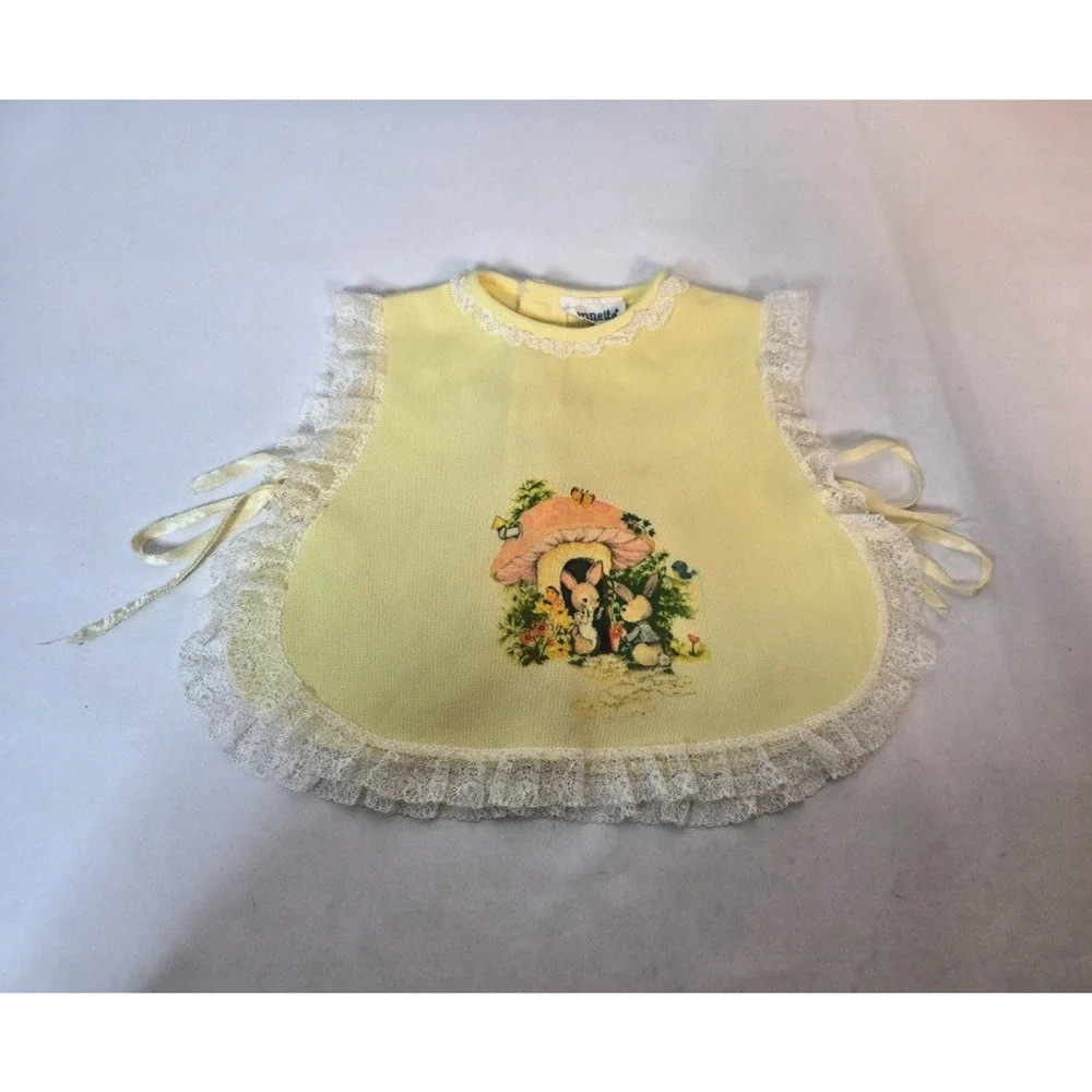 Vintage Nannette Baby Girl Bib Smock Bloomers Yellow Rabbit Mushroom Graphic 2pc